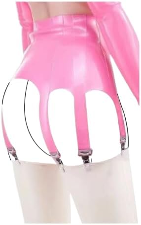 Sexy Latex Rubber Mini Skirt, Pink Garters With Metal Clips