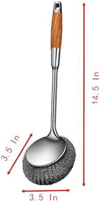 Long Handle Steel Wire Ball, Bold and Thickened 14.5 Inch Stainless Steel Ball Brush and 2 Additional Wire Balls for Pot, Bottle and Closestool (Wood)