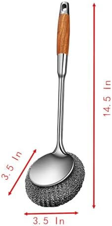 Long Handle Steel Wire Ball, Bold and Thickened 14.5 Inch Stainless Steel Ball Brush and 2 Additional Wire Balls for Pot, Bottle and Closestool (Wood)