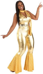 Dreamgirl Womens 70s Disco Costume, Adult Retro Gold Jumpsuit, Disco Fox Halloween Costume