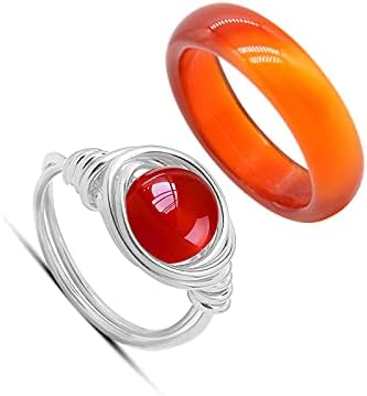 CJIAYUJEW 2PCS Carnelian Rings Gemstone Band Healing Ring for Women Carnelian Smooth Round Donut Ring