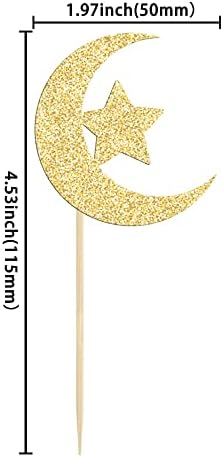 36 Pack Gold Glitter Moon and Star Eid Mubarak Cupcake Topper Ramadan Kareem Party Supplies Islamic Muslim Party Decorations