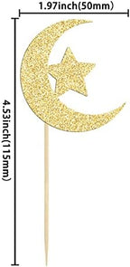 36 Pack Gold Glitter Moon and Star Eid Mubarak Cupcake Topper Ramadan Kareem Party Supplies Islamic Muslim Party Decorations