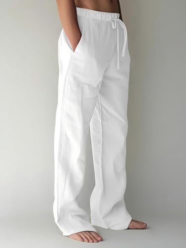 PIDOGYM Mens Cotton Linen Pants, Summer Beach Pants Casual Loose Fit with Elastic Waist Drawstring