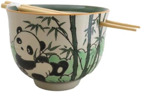 Ebros Gift Artistic Donburi Ramen Udon Noodles Soup Salad 5" D 18Oz Bowl With Bamboo Chopsticks And Built In Rest Set Asian Dining Kitchen Accent (Bamboo Green Panda Bear)