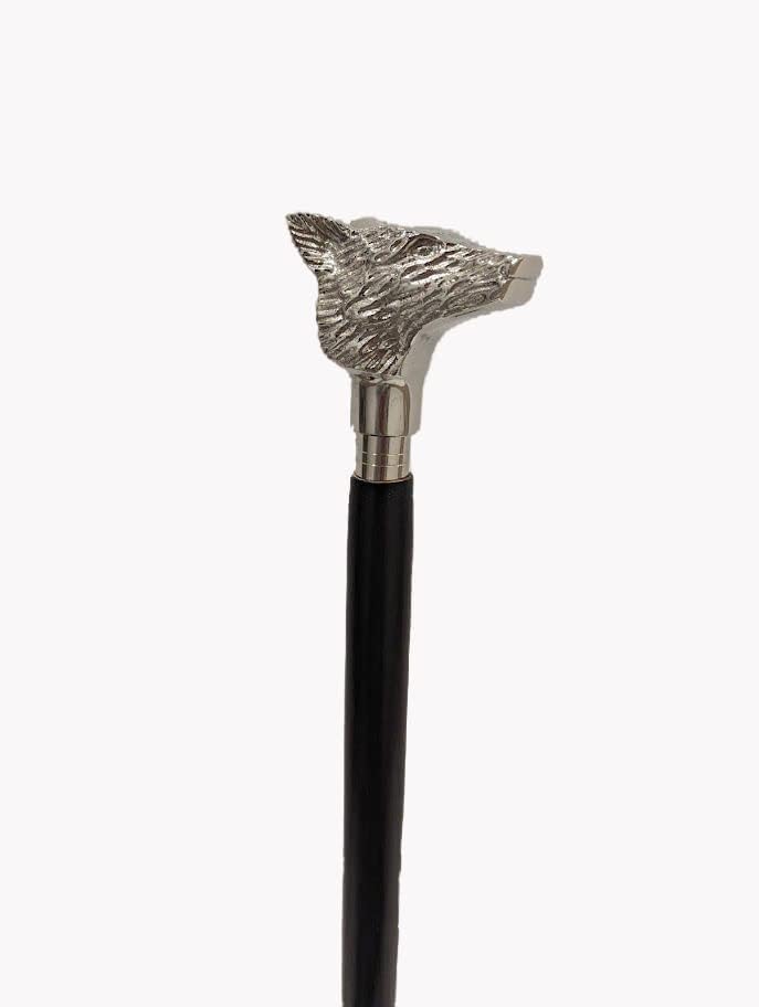 Victorian Style/Wooden Walking Stick Wolf face Handle with Silver Chrome Finish