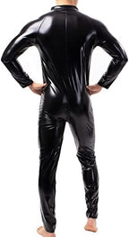 QiaTi Mens Latex Bodysuit Full Body Leotard Long Sleeves Unitard Faux Leather Bodysuit