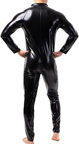 QiaTi Mens Latex Bodysuit Full Body Leotard Long Sleeves Unitard Faux Leather Bodysuit