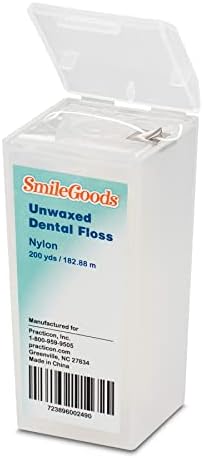 Practicon SmileGoods Unwaxed 200 Yard Dental Floss, Shred Resistant Nylon, Noncoated, Wax Less, Wax Free Floss, 1 Pack