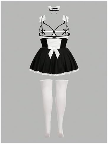 WDIRARA Women's Plus Size 5 Piece Maid Roleplay Lingerie Set Teddy Halloween Costume Hollow Lace Bow Nightdress
