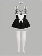 WDIRARA Women's Plus Size 5 Piece Maid Roleplay Lingerie Set Teddy Halloween Costume Hollow Lace Bow Nightdress