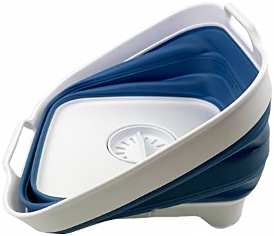 SAMMART 10L (2.64 Gallon) Collapsible Dishpan with Draining Plug - Foldable Washing Basin - Portable Dish Washing Tub - Space Saving Kitchen Storage Tray (White/Metalic Blue)