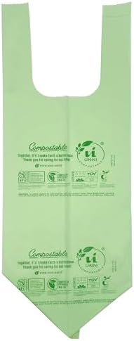 UNNI Compostable T-Shirt Bags with Tie Handles, 1.6 Gallon / 6 Liter, 50 Count, 0.64 mil Small Kitchen Caddy Liners, Certified by BPI, CMA & OK compost HOME, Meets ASTM D6400