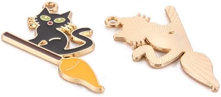 10Pcs Halloween Cat with Broom Charms Jewelry Findings Pendant Ornament Alloy Enamel Pendants for Necklace Bracelet Jewelry Making, Lime, 19.5x34x1.5mm, Hole: 2mm