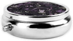 Purple Black Goth Spooky Printed Round Travel Pill Box Cute Small Metal Pocket Pill Case for Men & Women 3 Compartment Portable Pill Organizer for Purse or Pocket