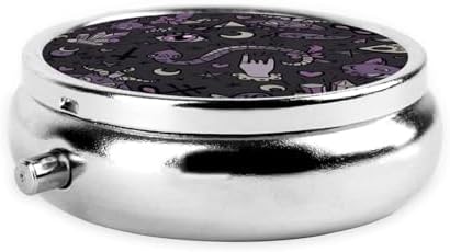 Purple Black Goth Spooky Printed Round Travel Pill Box Cute Small Metal Pocket Pill Case for Men & Women 3 Compartment Portable Pill Organizer for Purse or Pocket