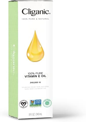 Cliganic Pure Vitamin E Oil for Skin, Scars, Hair & Face 240,000 IU (8oz), Non-GMO Verified | Natural D-Alpha Tocopherol