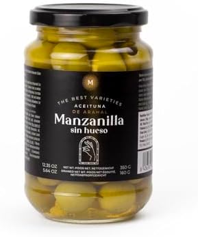 Triana Olivas by Don Gastronom. Manzanilla Olives sampler. Pitted, Whole, and Whole with Rosemary & Garlic. 350g (12.35oz) jars. Pack of 6 (two of each).