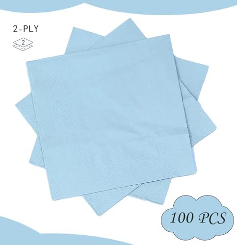 100 pcs 2-Ply Light Blue Napkins Folded 5 x 5 inch Disposable Cocktail Napkins Paper Napkins for Dinner Wedding Party Baby Blue Beverage Napkins