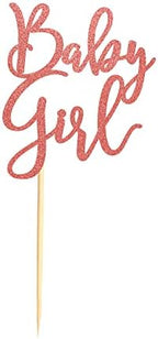 Baby Girl Cake Topper for Baby Shower or Newborn Cake Picks, Gender Reveal Party Decorations- Rose Gold Glitter