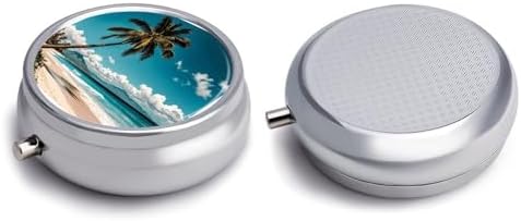 Palm Tree Hawaii Beach Medicine Pill Case, 3 Compartment Round Pill Box, Portable Decorative Medicine Organizer for Pocket Or Purse Vitamin Organize