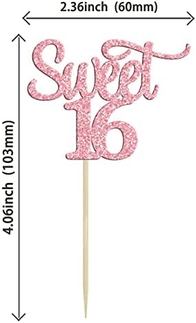 Gyufise 24Pcs Sweet 16 Cupcake Toppers Pink Glitter 16th Birthday Cake Pick Decorations for 16th Birthday Anniversary Party Supplies