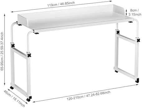 Overbed Table with Wheels,Queen Size Mobile Bed Desk,Height Adjustable Overbed Table,Standing Workstation Laptop Cart,Rolling Over-The-Bed Laptop Desk with Raised Baffle for Home Office WHI