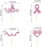 24Pcs Breast Cancer Awareness Cupcake Toppers Glitter Pink Ribbon Fight Beliveve Hope Cupcake Picks Decorations for Pink Ribbon Party Cake Decorations Supplies - Pink Glitter