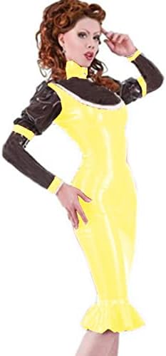 Long Sleeve Ruffles Women Dress Sexy PVC Patent Leather Turtleneck Dress Elegant Party Dress Clubwear for Women,Light Yellow,6XL