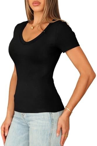 Sampeel Short Sleeve Shirts for Women V Neck Summer Ribbed Tshirts 2026 Slim Fit Spring Fashion Going Out Basic Tees