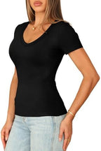 Sampeel Short Sleeve Shirts for Women V Neck Summer Ribbed Tshirts 2026 Slim Fit Spring Fashion Going Out Basic Tees