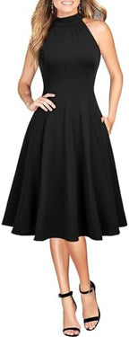 WOOSEA Womens Sleeveless Halter Neck Bodycon A-Line Cocktail Party Pockets Swing Dresses