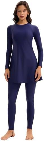 OBEEII Women Long Sleeve Muslim Swimsuit Modest Rash Guard Full Coverage Swimwear Surf Burkini Swim Dress with Pants Hijab