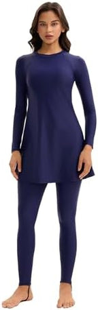 OBEEII Women Long Sleeve Muslim Swimsuit Modest Rash Guard Full Coverage Swimwear Surf Burkini Swim Dress with Pants Hijab