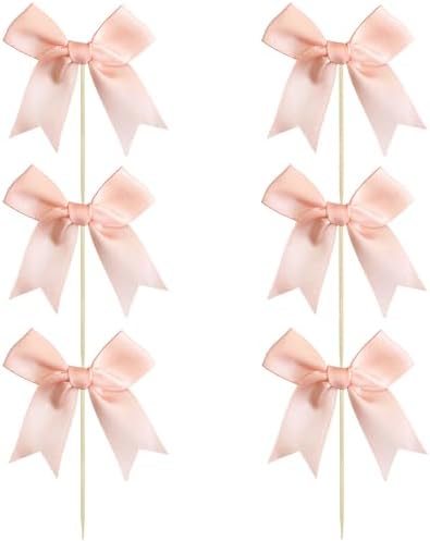 Ephlyn 24Pcs Pink Bow Cupcake Toppers Pink Bow Cake Topper Birthday Decorations, Mini Bowknot Cupcake Picks for Coquette Theme Party Decoration Bachelorette Bridal Engagement Wedding Party Peach Pink