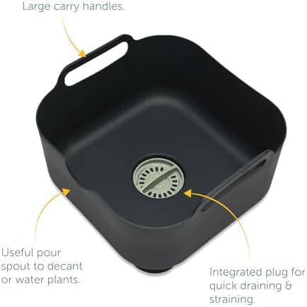 ReBorn - Recycled Washing Up Bowl - Kitchen Dish Wash & Drain - Large Carry Handles - Integrated Plug - Useful Pour Spout - 9 litres Capacity - Made in Britain (Sage Green & Charcoal Grey)