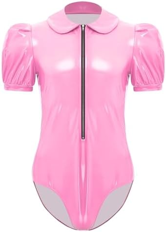 Alvivi Mens PVC Leather Lace Trim Sissy Maid Cosplay Bodysuit Short Sleeve Wet Look Leotard Catsuit