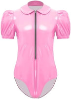 Alvivi Mens PVC Leather Lace Trim Sissy Maid Cosplay Bodysuit Short Sleeve Wet Look Leotard Catsuit