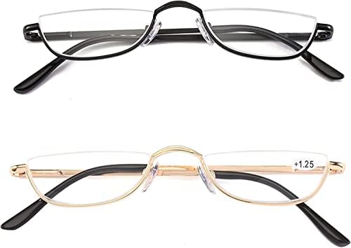 REAVEE 2 Pack Retro Designer Half Moon Reading Glasses for Women Men Spring Hinge Half Frame Readers Stylish Slim Eyeglasses with Pouch, Gold and Gun Grey 1.5