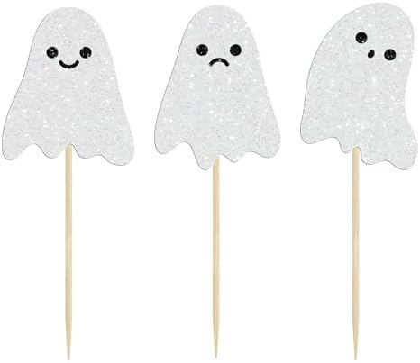 24Pcs Ghost Cupcake Toppers White Glitter Halloween Baby Shower Halloween Cupcake Toppers Ghost Cake Decorations for Birthday Party Decorations