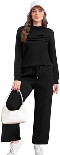 WIHOLL Two Piece Sets for Women Spring Travel Vacation Outfits 2026 Long Sleeve Lounge Sets Side Slit Wide Leg Pants S-3XL