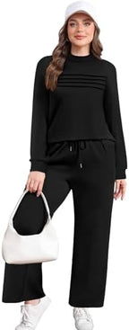WIHOLL Two Piece Sets for Women Spring Travel Vacation Outfits 2026 Long Sleeve Lounge Sets Side Slit Wide Leg Pants S-3XL