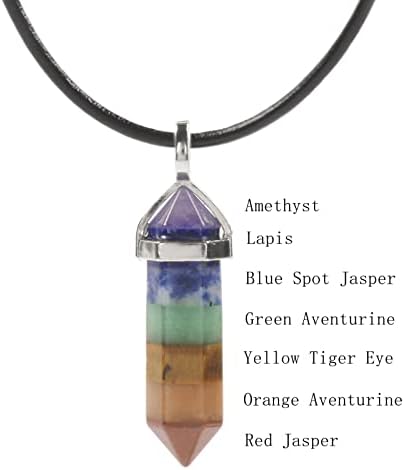 Justinstones Natural Gemstone Hexagonal Pointed Reiki Chakra Pendant Genuine Leather Necklace 18"