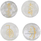 Amazing Gemstone Clear Quartz Crystal Reiki Stones with Engraved Symbols for Usui Reiki Healing, Set of 4 Pcs (Indian Handmade Reiki Gift Set)