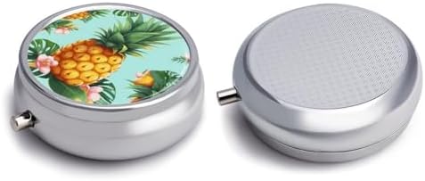 Tropical Pineapple Pill Organizer Round Pill Box Small Pill Case with 3 Compartment Travel Pill Container Portable Medicine Box Metal Medicine Organizer Medication Holder