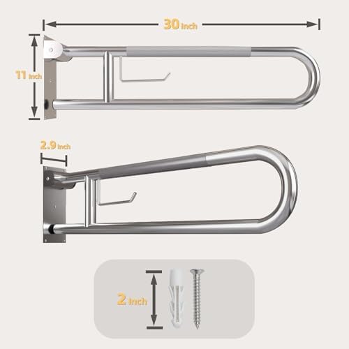 30 Inch Toilet Grab Bar, Fold Down Grab Bar with Paper Holder, Knurled Anti-Slip Grab Bars for Toilet, Stainless Steel Handrails Toilet for Seniors Disabled Elderly Pregnant, Polished Chrome