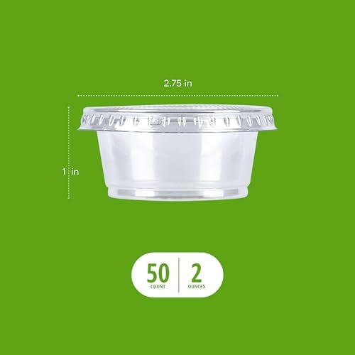 Amazon Basics Disposable Plastic To-Go Cups and Lids, Mini, 2oz, 50 Count, BPA Free, for Condiment, Salad Dressing, Sauces, Jello Shots