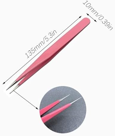 Professional Stainless Steel Eyelash Extension Tweezers Set, Pink Color, 2 Piece Precision Beauty Tools with Straight and Curved Tips, 4.76 Inch and 5.3 Inch Length