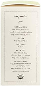 Silk Road Teas, Organic Genmaicha Green Tea, Fair Trade, Toasty Aroma, Refreshing & Savoring Taste, 15 Non-GMO Biodegradable Tea Bags