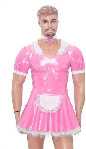 Hedmy Men's Wet Look PVC Leather Sissy French Maid Cosplay Dress Lingerie Uniform Outfit Nightwear
